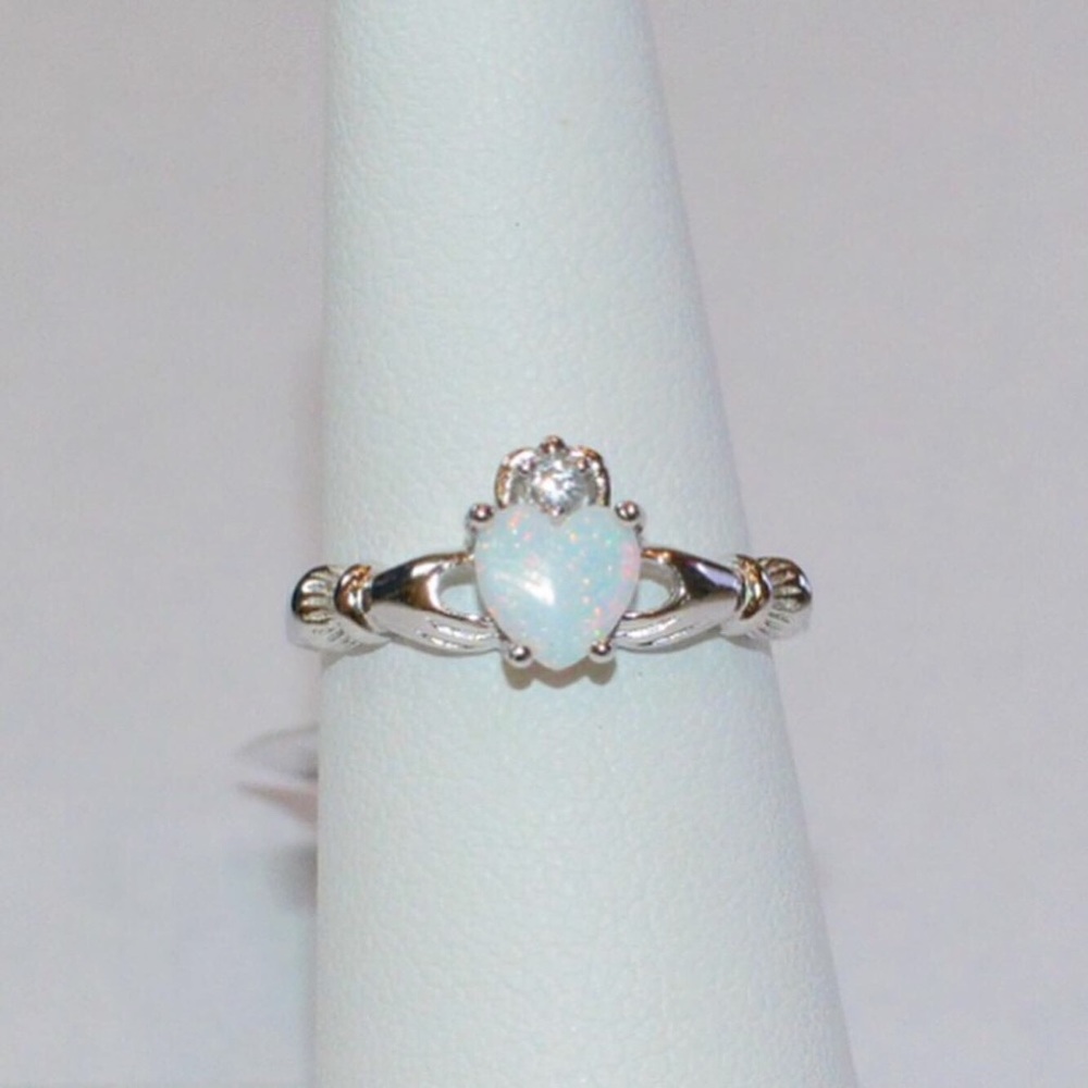 .925 Sterling Silver White Opal Claddagh Ring - Picture 2 of 6